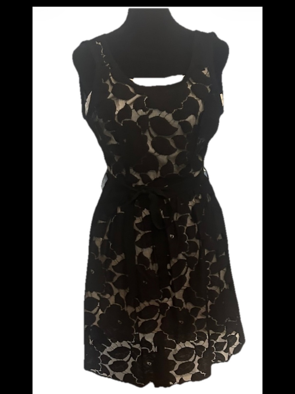 Black Floral Lace Round Neck Sleeveless Short Dress S Zip
